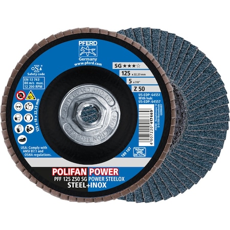 Pferd Flap Disc, 5''x5/8-11, Z SG POWER STEELOX, 50 Grit, T27, Flat, Zirconia 64557